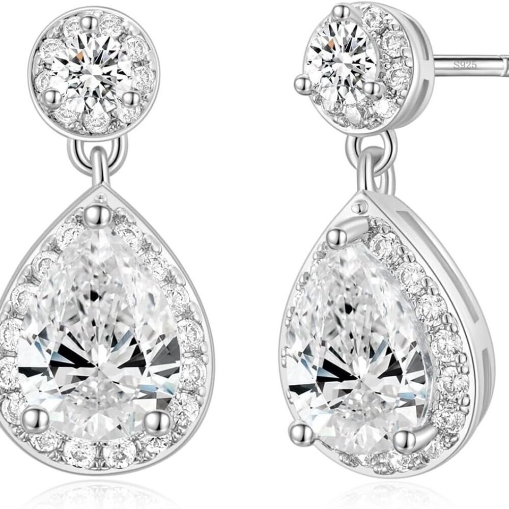 Silver Dangle Earrings Sterling Silver Pear Cut Cubic Zirconia Wedding Bridal
